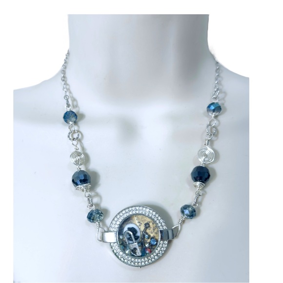 Floating Memory Pendant Upcycled Watch Shell Cameo Swarovski Crystals Necklace - Picture 5 of 15